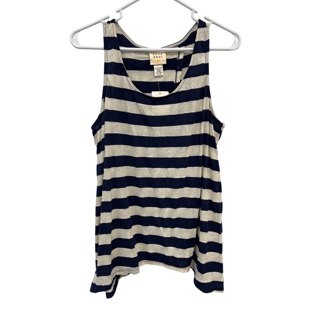 Neon Soul Striped Sleeveless Tank Top Women Large Blue White Nautical Summer NEW